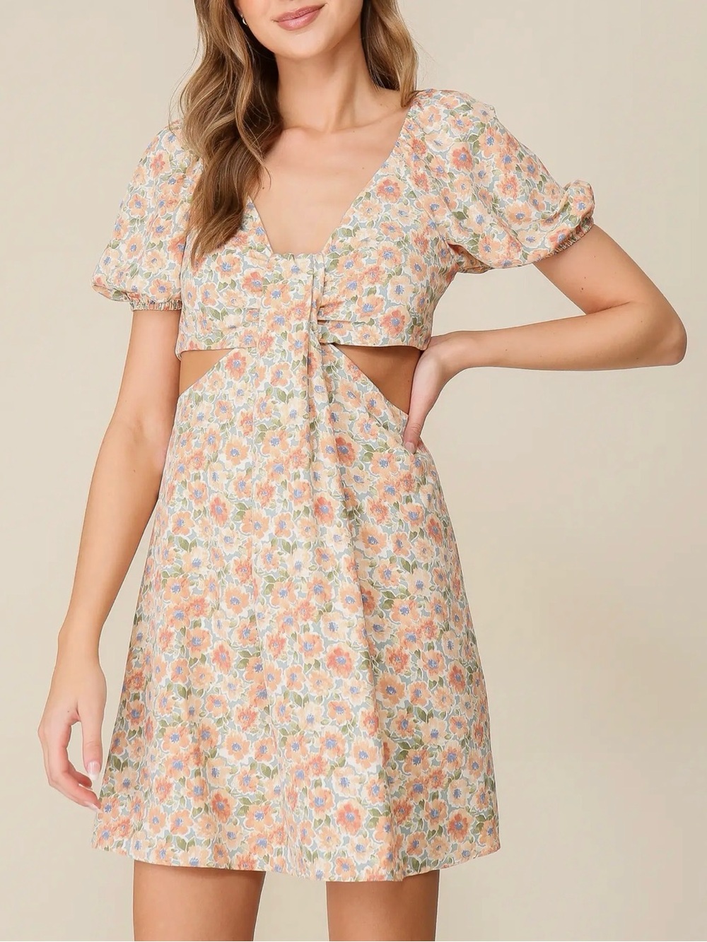 Lumiere Sage Banana Floral Cutout Puff Sleeve Mini Dress Cottagecore Party s/m/L - Picture 7 of 9